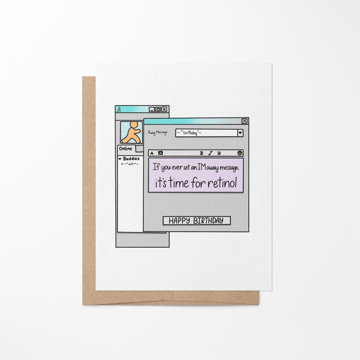 Instant message birthday card detail — away message window and buddy list illustration close up by indie artist MangoIllustrated