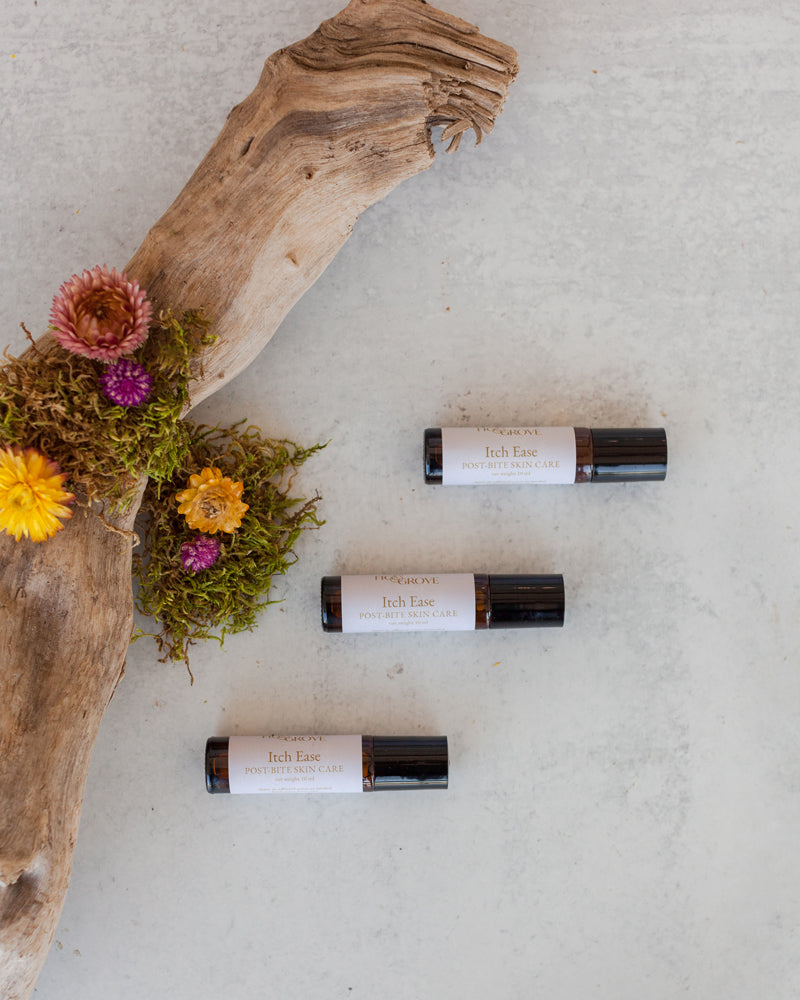 Fig &amp; Grove Itch Ease natural bug bite relief roller bottle — all-natural essential oil post-bite skin care with cedarwood lavender and peppermint, handmade in Copperopolis California, No synthetic chemicals