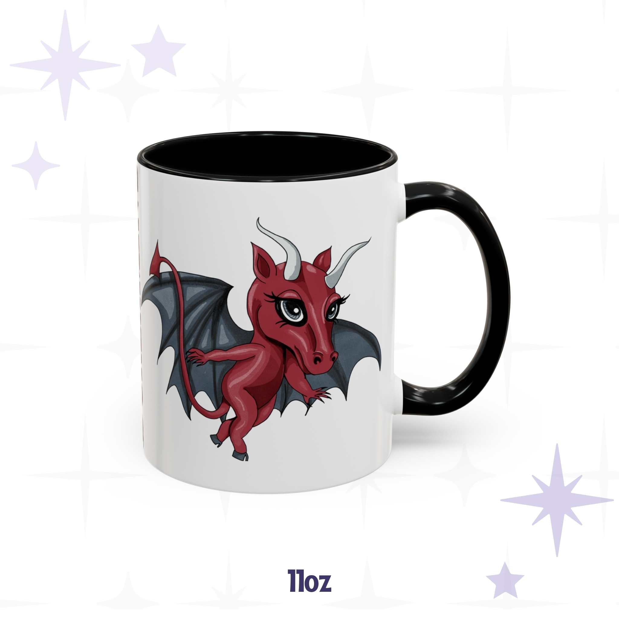 Chibi Jersey Devil coffee mug in 11 oz, black-handled accent mug with winged red cryptid art