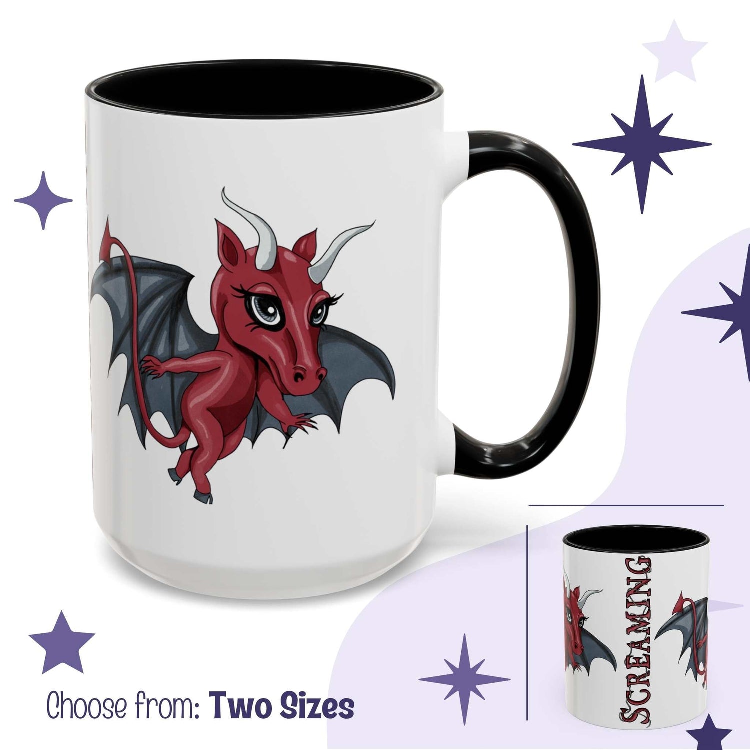Cute Jersey Devil cryptid mug in white with black handle, chibi winged figure with SCREAMING reveal inset, two sizes