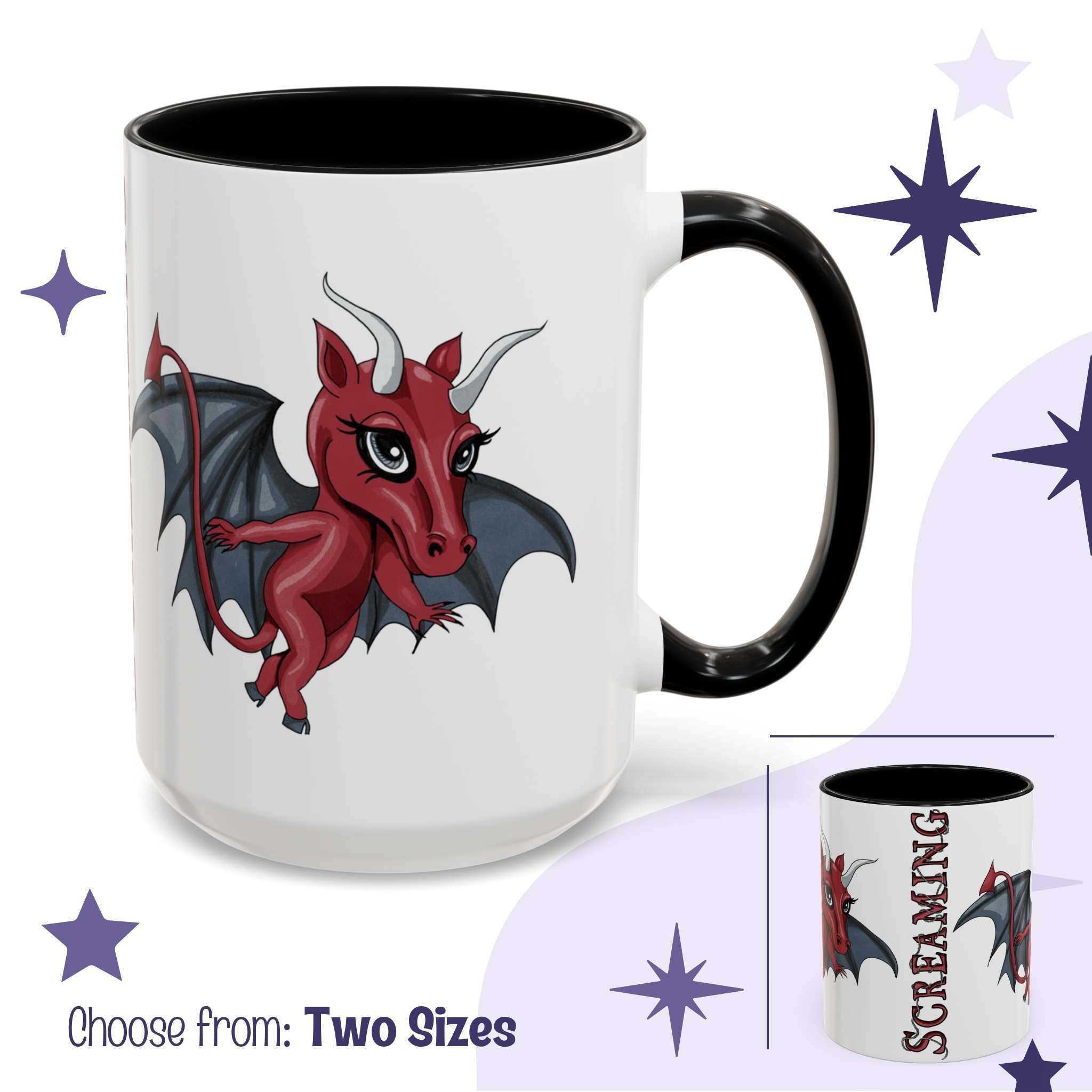 Cute Jersey Devil cryptid mug in white with black handle, chibi winged figure with SCREAMING reveal inset, two sizes