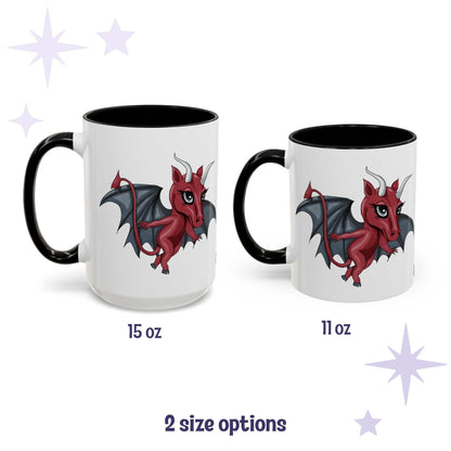 Chibi Jersey Devil cryptid mug shown in 15 oz and 11 oz, white ceramic with black interior and handle