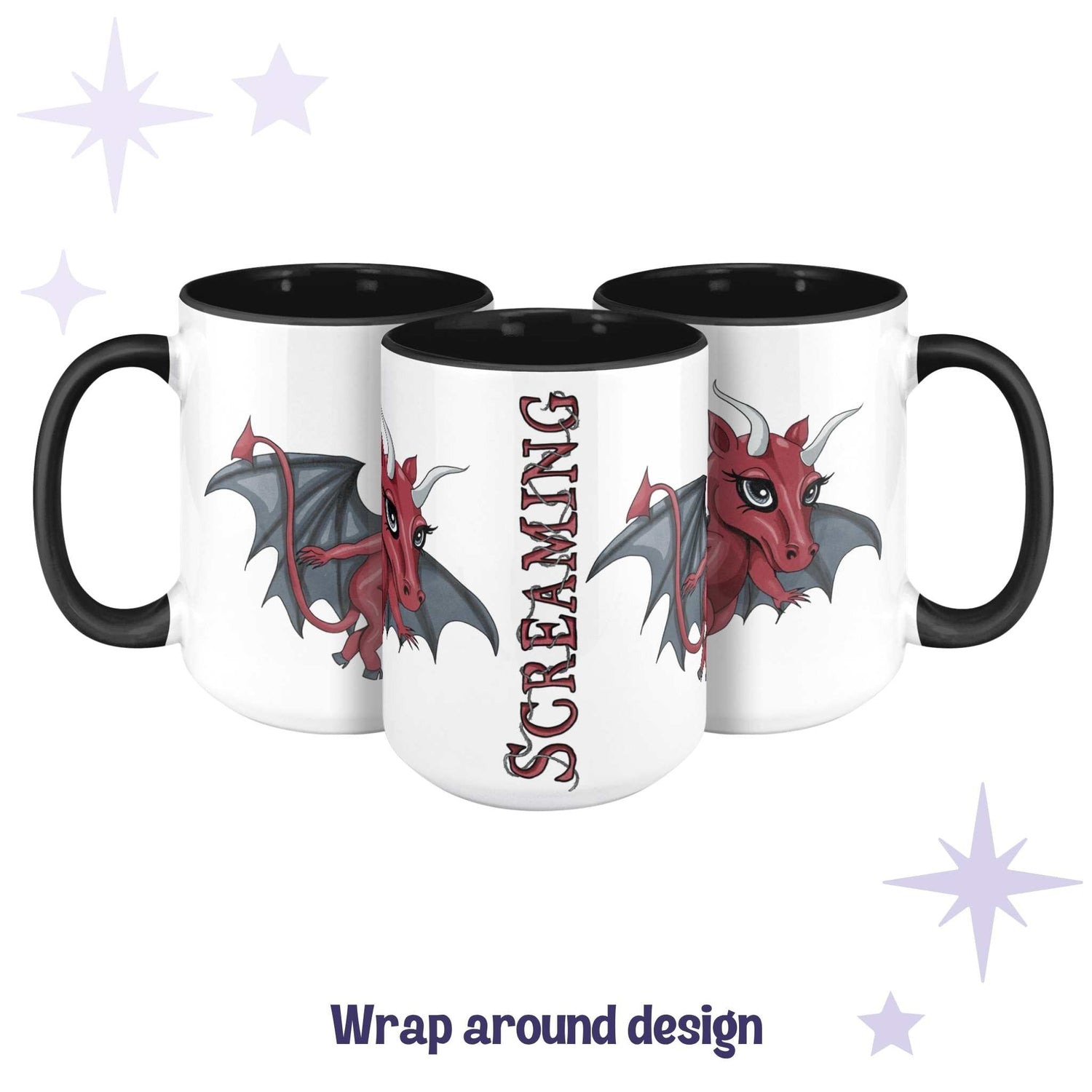 Chibi Jersey Devil mug shown across three angles as a wrap-around design with SCREAMING in blood-red lettering