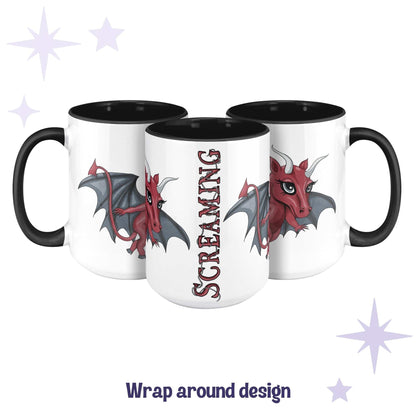 Chibi Jersey Devil mug shown across three angles as a wrap-around design with SCREAMING in blood-red lettering