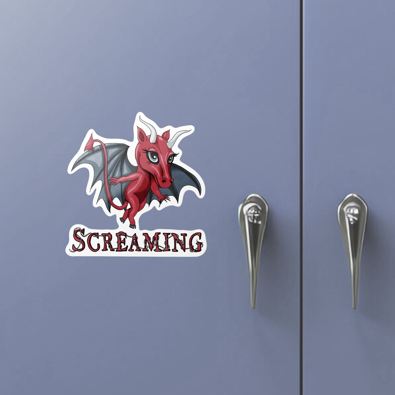 Chibi Jersey Devil cryptid sticker on a blue metal locker door