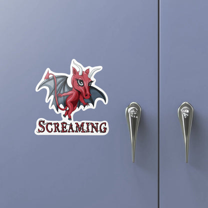 Chibi Jersey Devil cryptid sticker on a blue metal locker door