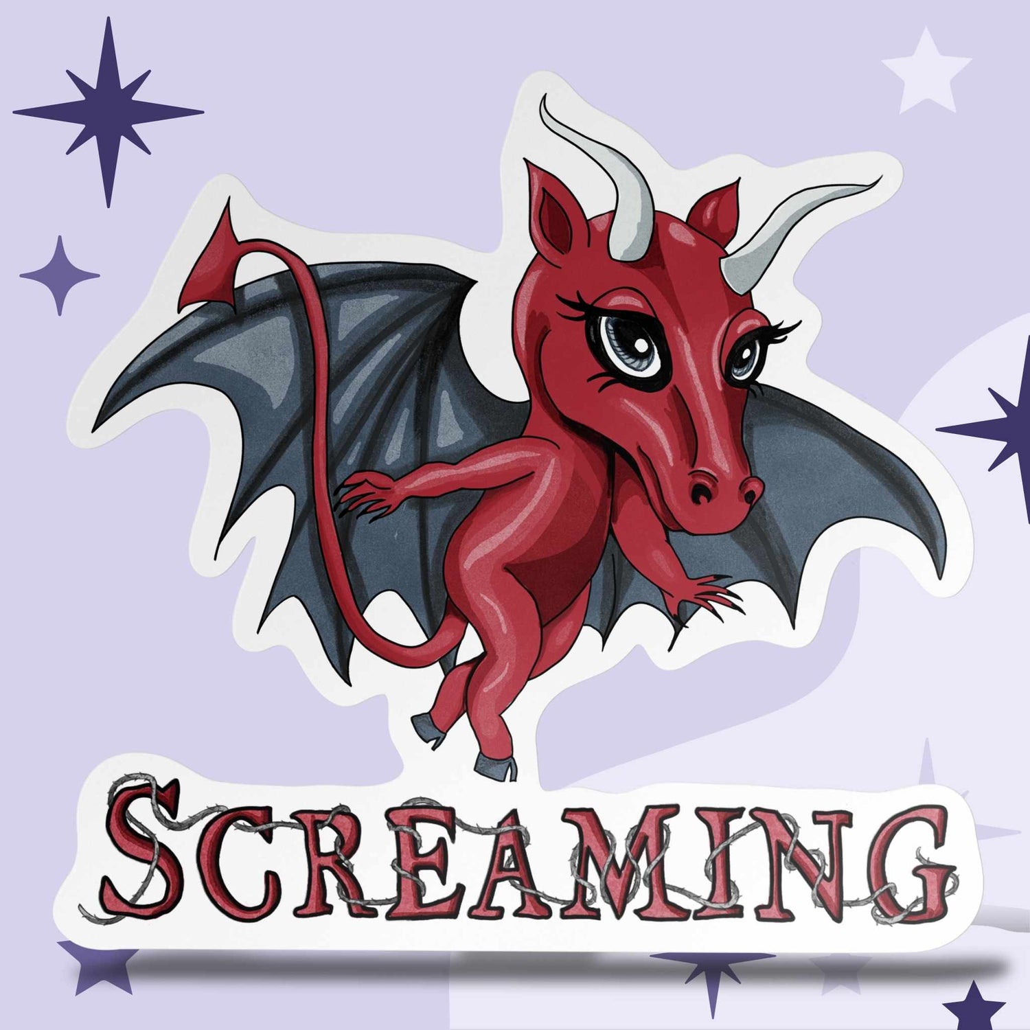 Chibi Jersey Devil sticker with bat wings and gray horns above bramble SCREAMING lettering on a lavender starry background