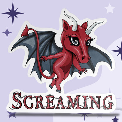 Chibi Jersey Devil sticker with bat wings and gray horns above bramble SCREAMING lettering on a lavender starry background