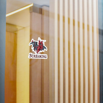 Small Jersey Devil cryptid sticker on a glass window in a modern interior