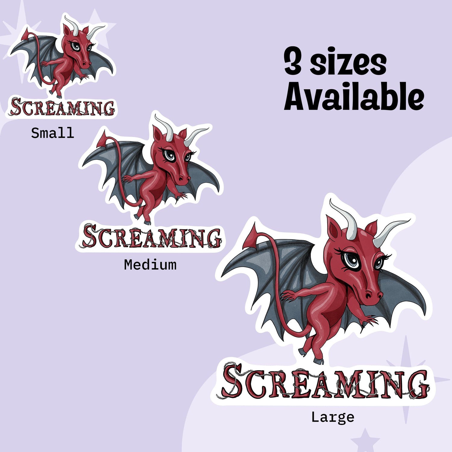 Chibi Jersey Devil cryptid sticker shown in small, medium, and large sizes on a lavender background