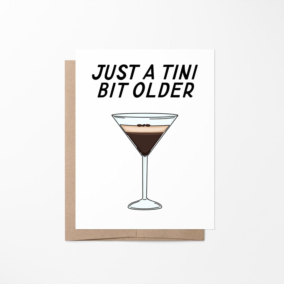 Just a tini bit older card with A2 kraft envelope — funny espresso martini birthday card blank inside by indie artist MangoIllustrated