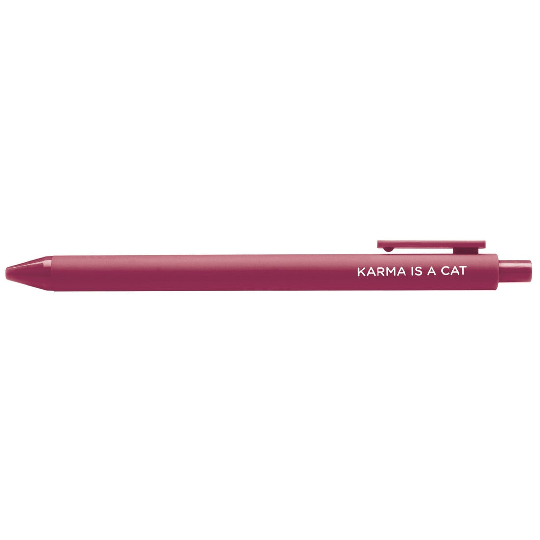 Karma is a Cat pen — maroon barrel with bold white lettering, 0.5mm fine point, by MangoIllustrated