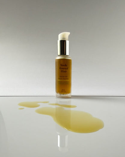 Kasvi Beauty Nordic Renewal Elixir Facial Oil bottle showing golden color of the oil on white background