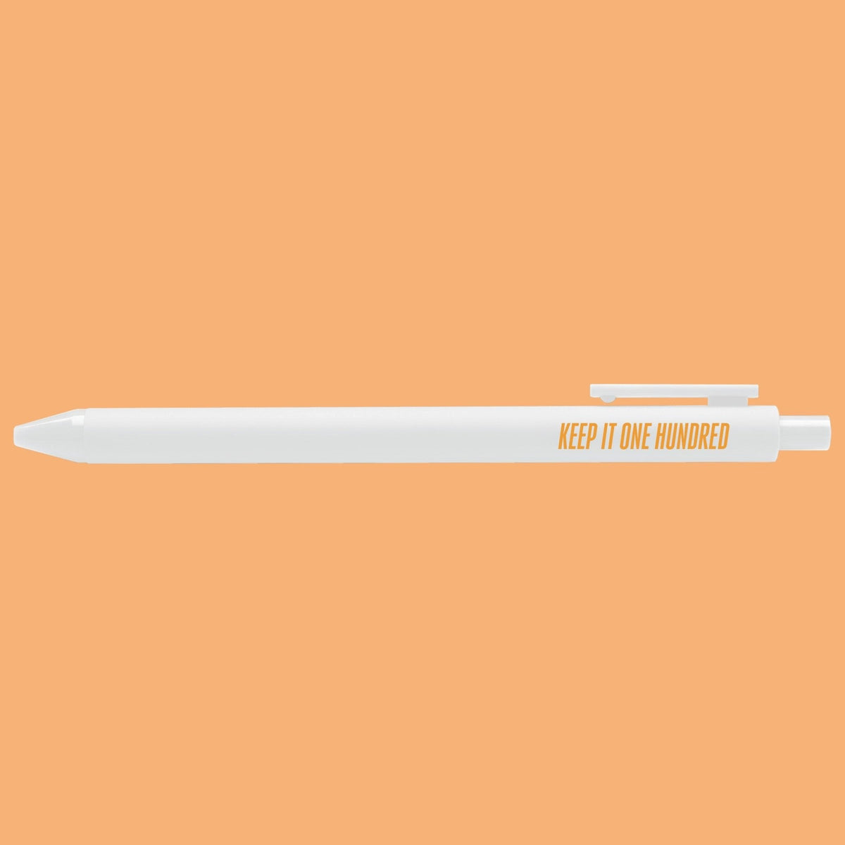 Keep It One Hundred pen flat lay — white barrel gel pen for journaling and note taking by indie artist MangoIllustrated