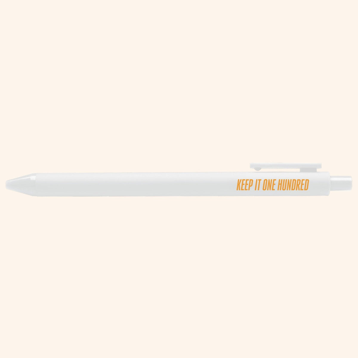 Keep It One Hundred pen detail — orange lettering on the white barrel by indie artist MangoIllustrated