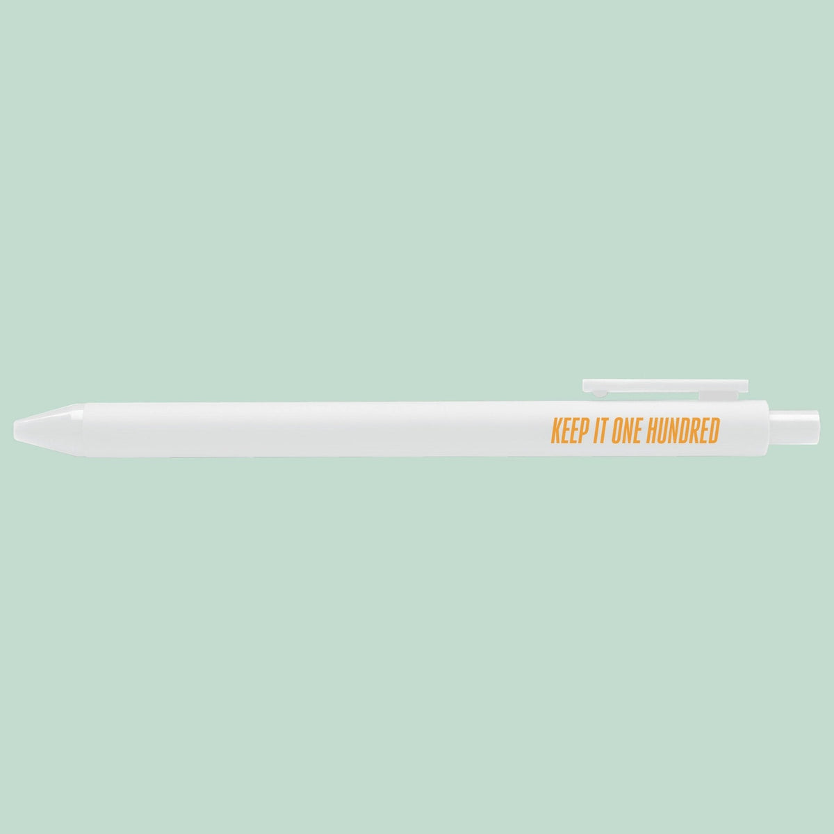 Keep It One Hundred pen — white barrel with orange printed lettering, 0.5mm fine point, by MangoIllustrated