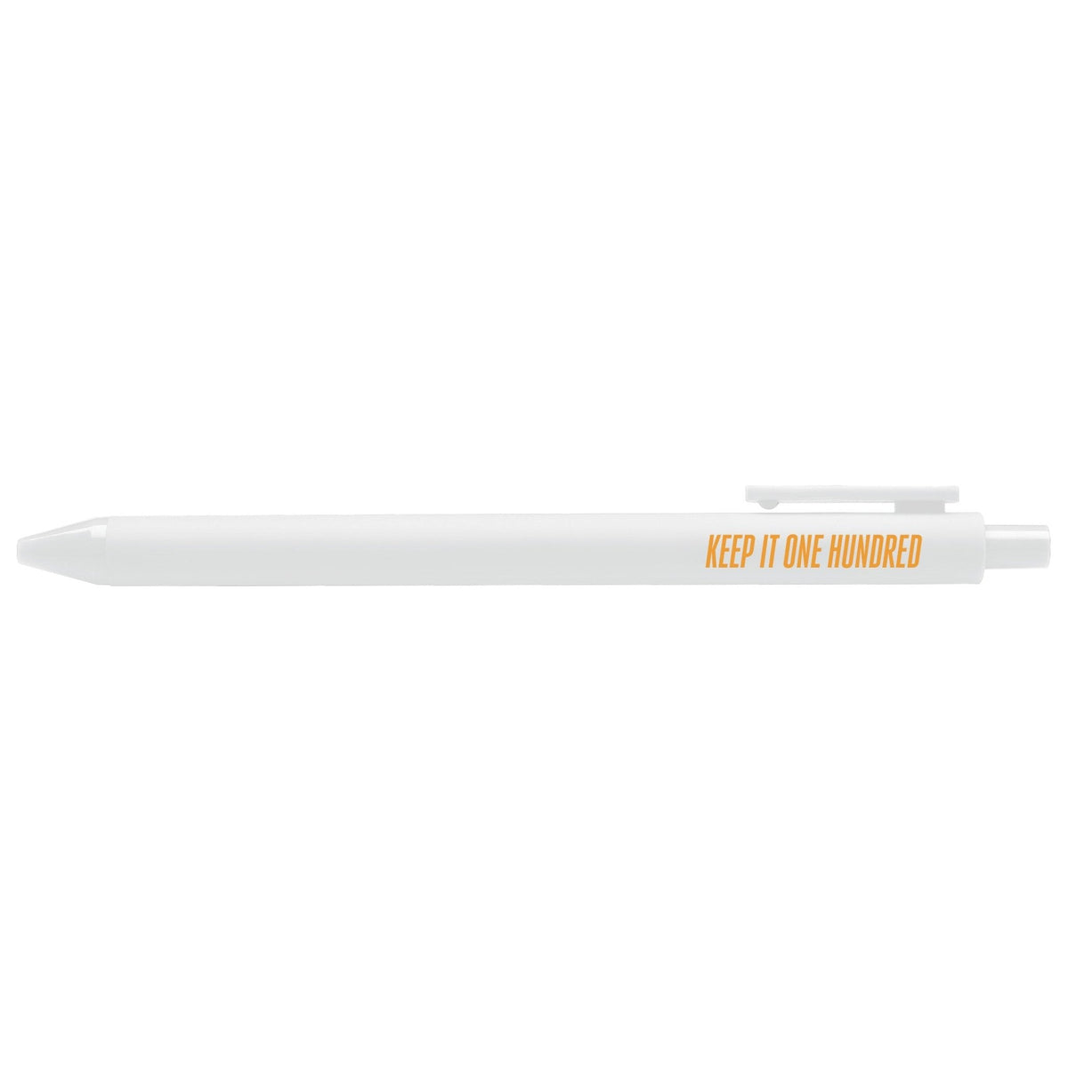 Keep It One Hundred pen flat lay — white gel pen with orange text for desk gifts by indie artist MangoIllustrated