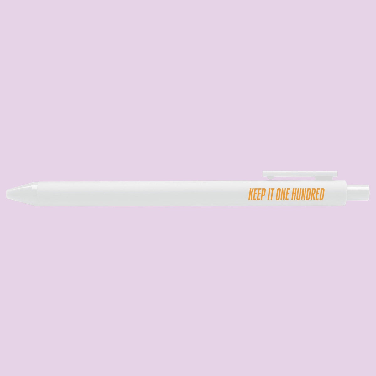 Keep It One Hundred pen flat lay — pop culture jotter gel pen and stationery gift by indie artist MangoIllustrated
