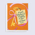 Greeting card with a gold key and pink ribbon on an orange background, featuring text &