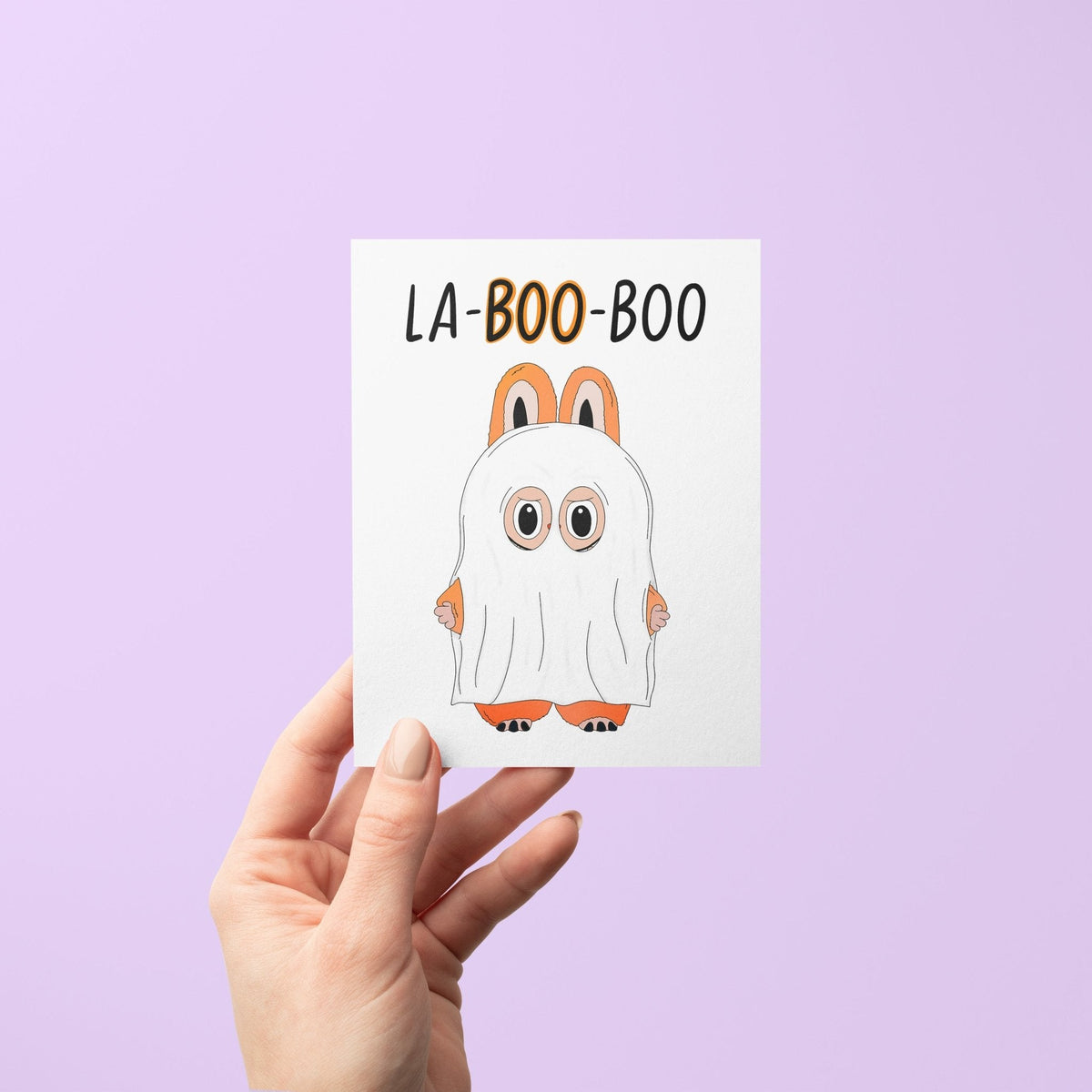 La-BOO-boo Monster Halloween Card detail — close up of the ghost costume monster illustration by indie artist MangoIllustrated