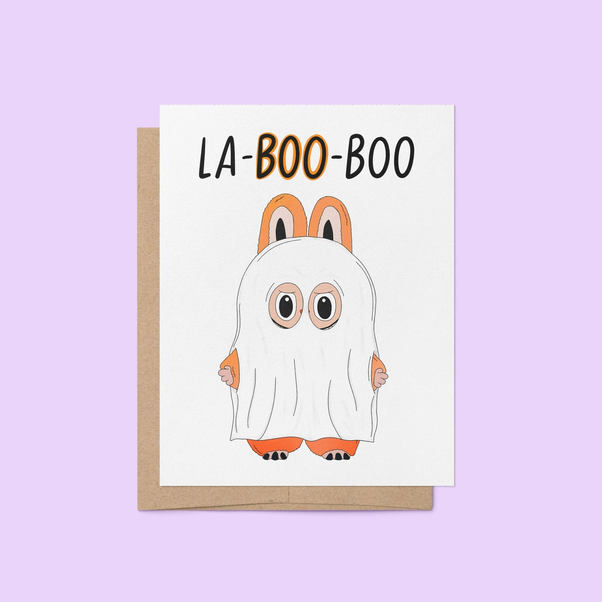 La-BOO-boo Monster Halloween Card — orange monster in a ghost costume with bunny ears under bold La-BOO-boo lettering, 4.25 x 5.5 in A2, by MangoIllustrated
