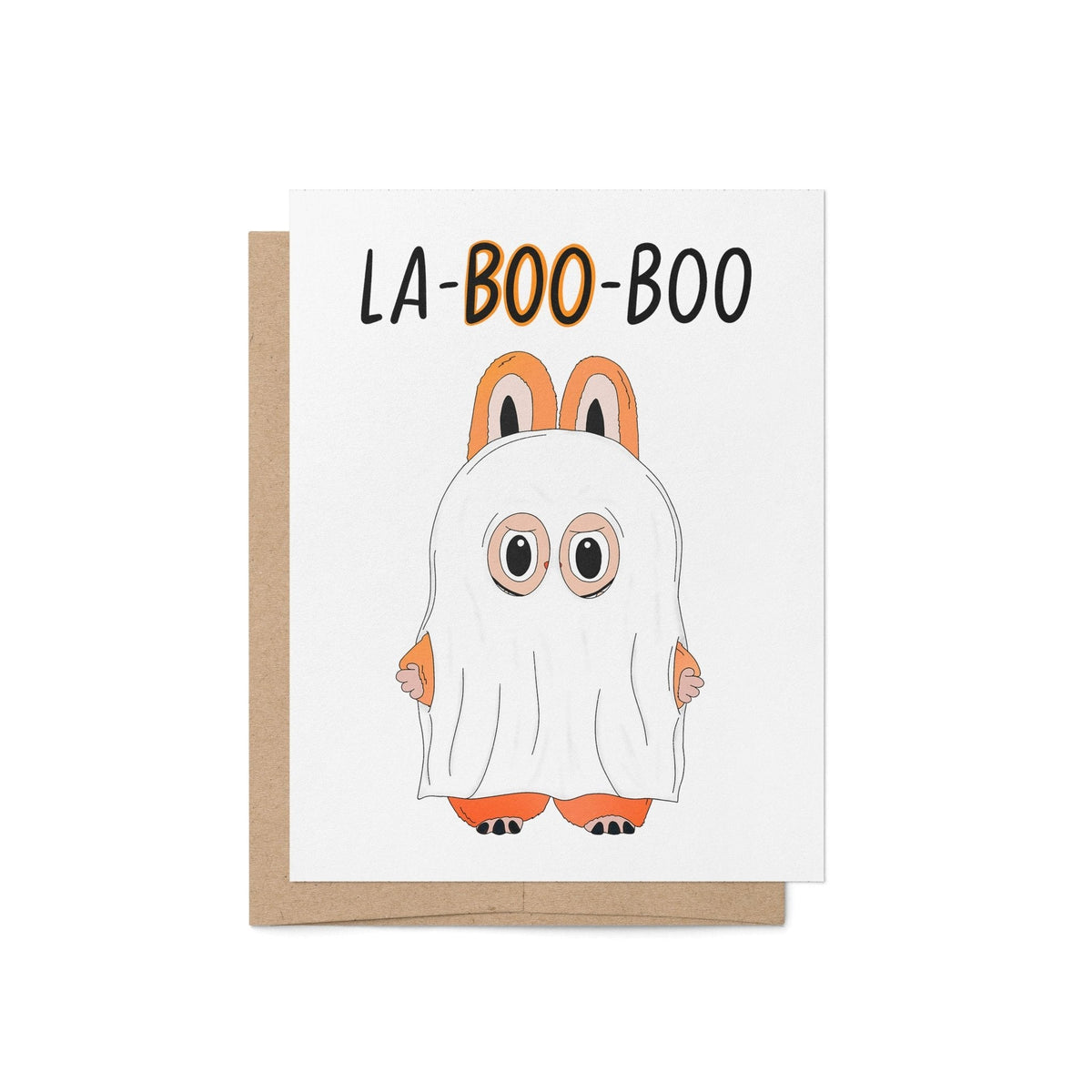 La-BOO-boo Monster Halloween Card flat lay — cute pun Halloween card for a bestie by indie artist MangoIllustrated