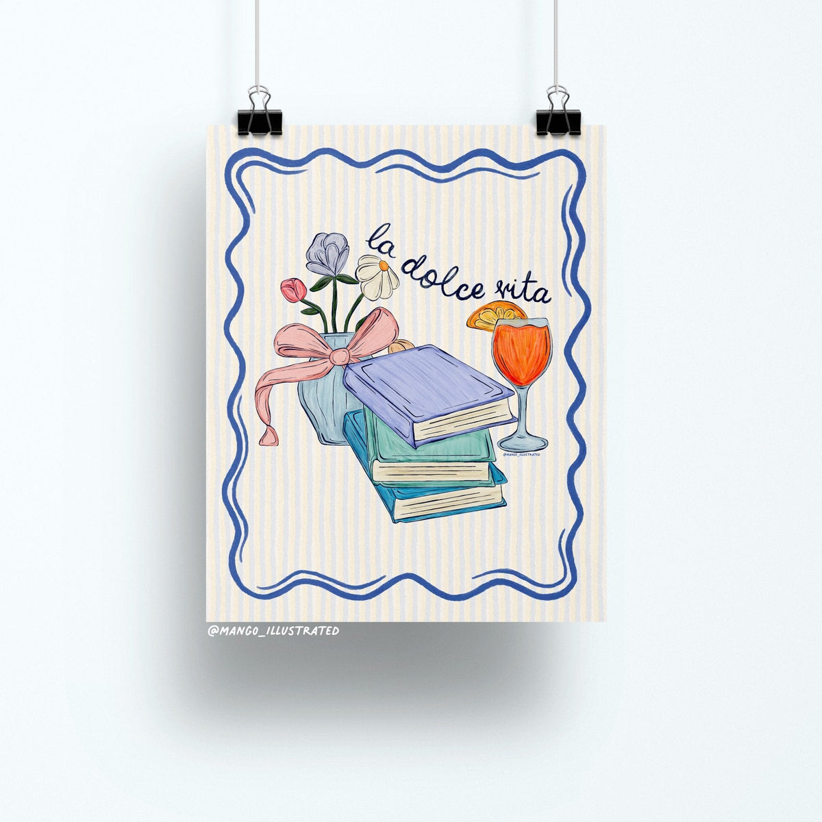 La Dolce Vita art print flat lay — bookish Italian-inspired wall art on matte art paper, by indie artist MangoIllustrated