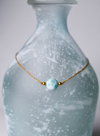 Larimar Coin Choker, 14k Gold, Braided Cord, Boho Beach Necklace