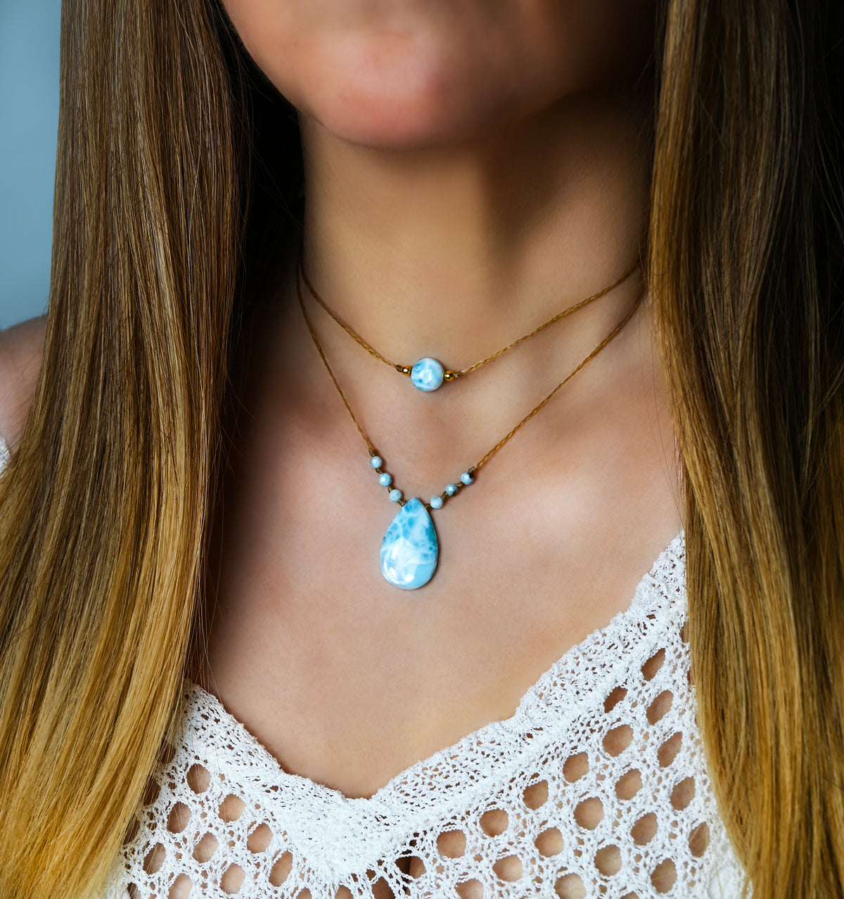 Larimar Coin Choker, 14k Gold, Braided Cord, Boho Beach Necklace