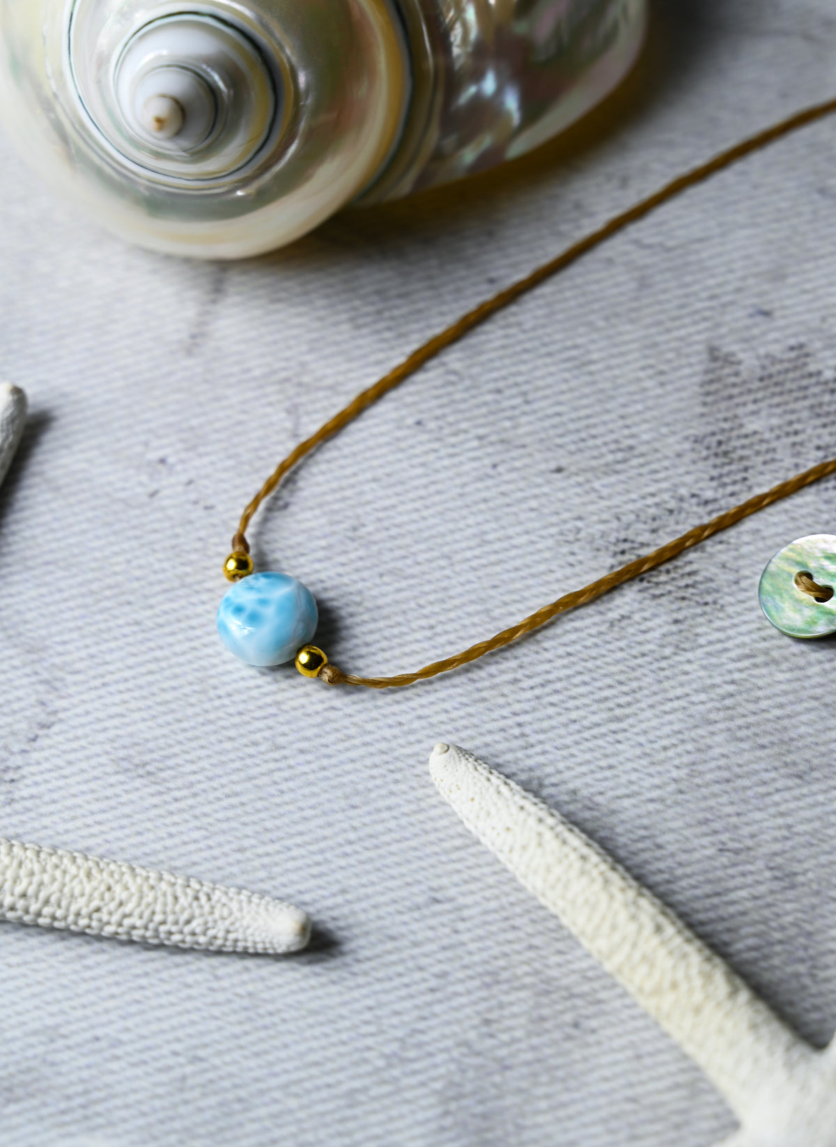 Larimar Coin Choker, 14k Gold, Braided Cord, Boho Beach Necklace