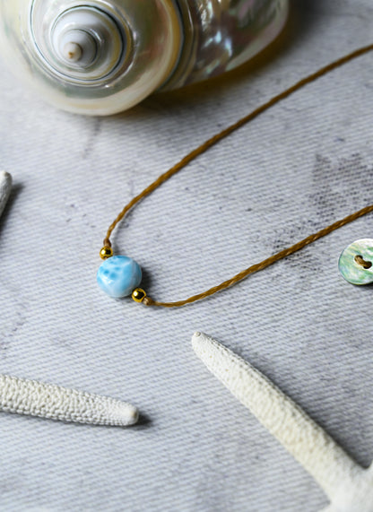 Larimar Coin Choker, 14k Gold, Braided Cord, Boho Beach Necklace