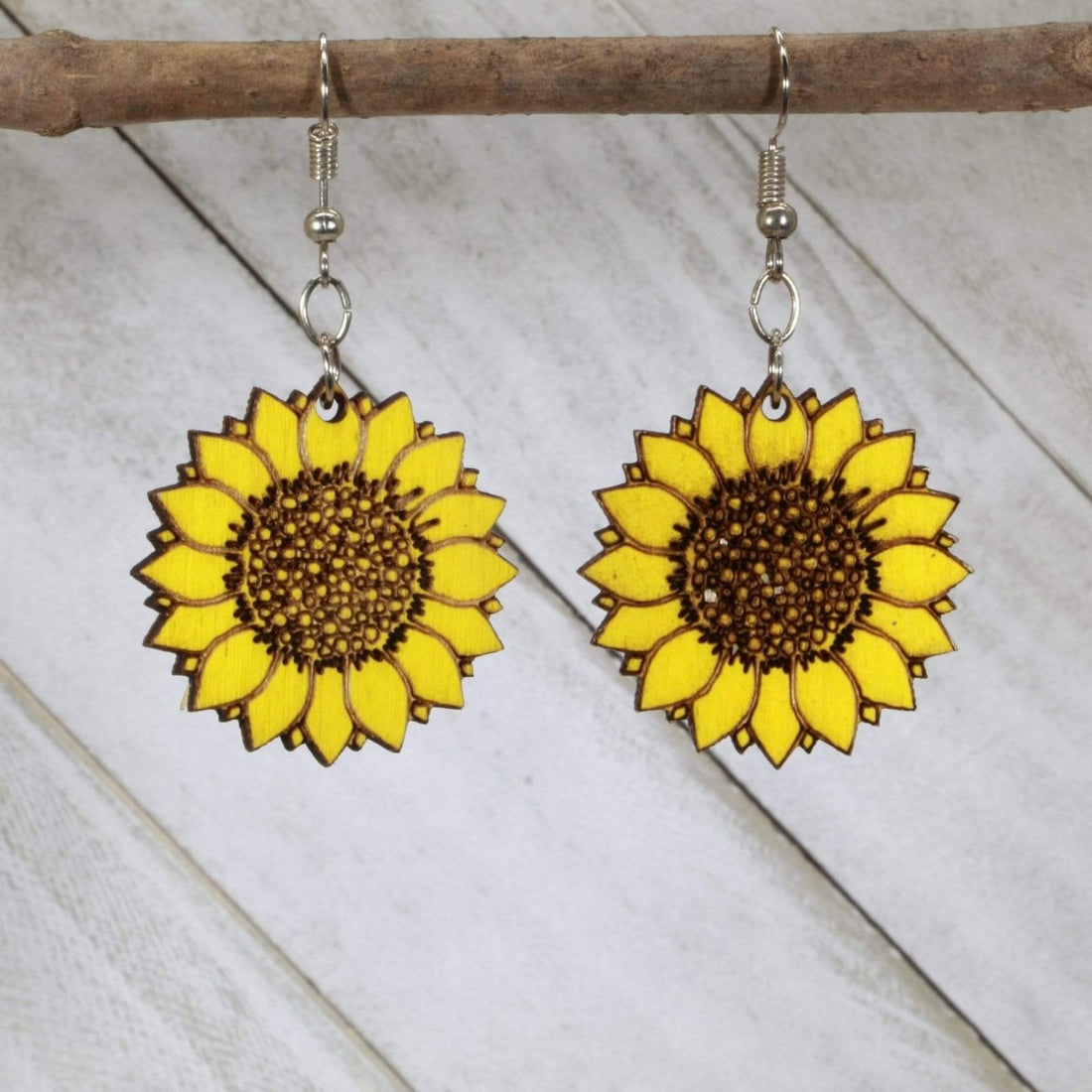 Hand-painted large wooden Kansas sunflower dangle earrings with bold state flower design and hypoallergenic sterling silver hooks, lightweight sunflower statement jewelry earrings for Kansas pride