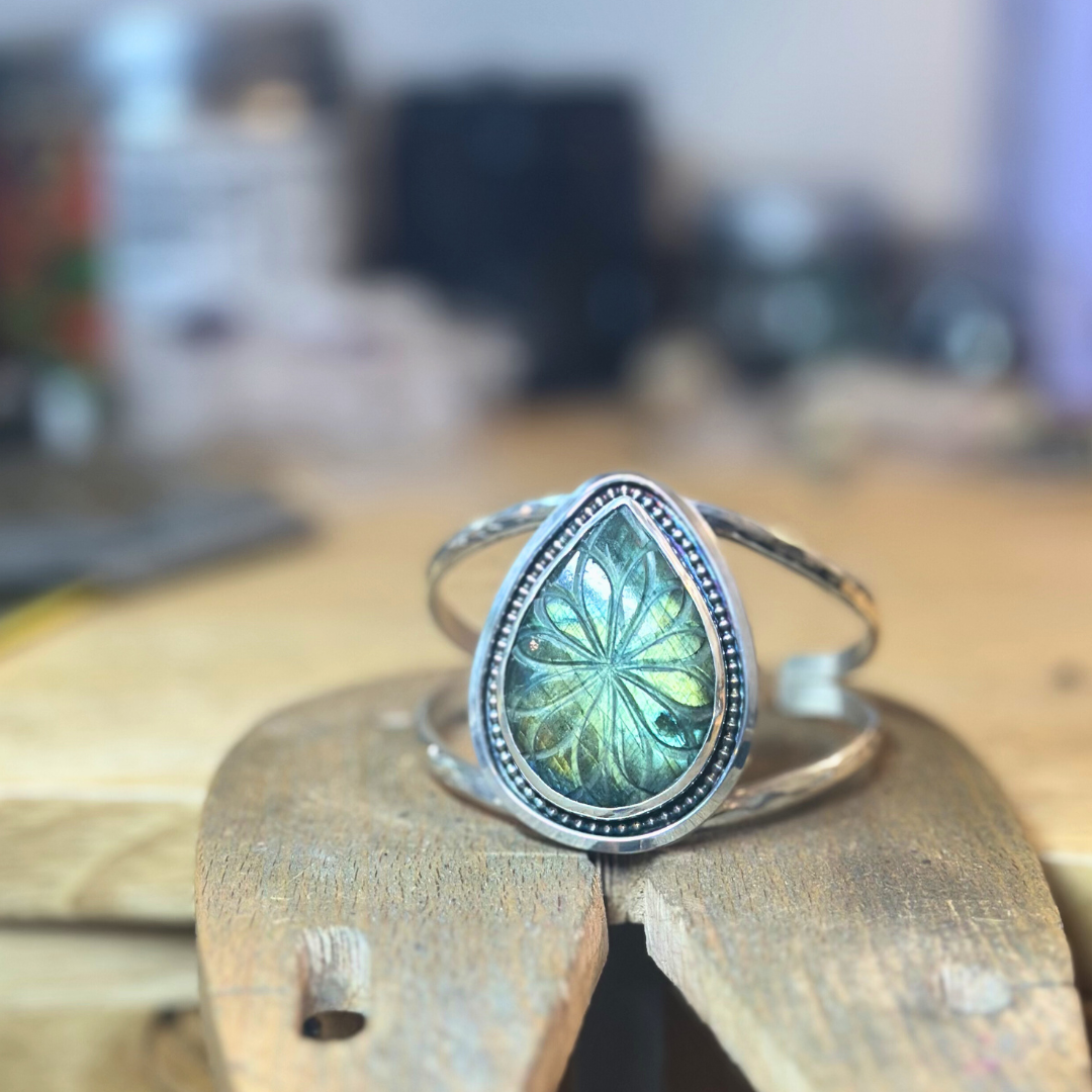 Carved Labradorite Sterling Silver Cuff