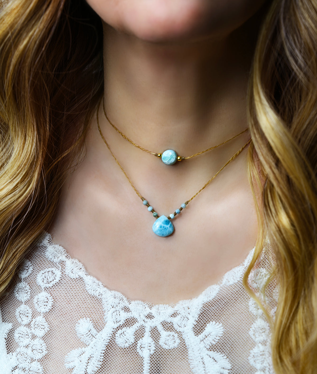 Larimar Coin Choker, 14k Gold, Braided Cord, Boho Beach Necklace