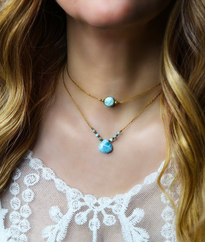 Larimar Coin Choker, 14k Gold, Braided Cord, Boho Beach Necklace