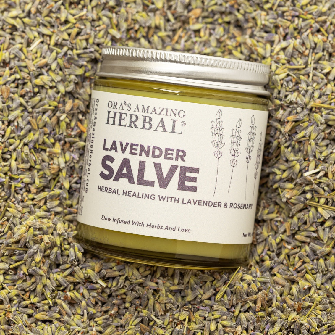Lavender Salve 4oz Lifestyle Indoor on Top of Herbs