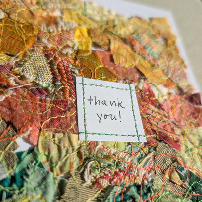 Fall Leaves Thank You Card: 5 in x 7 in, multicolored collage fabric on white, blank card, with matching envelope
