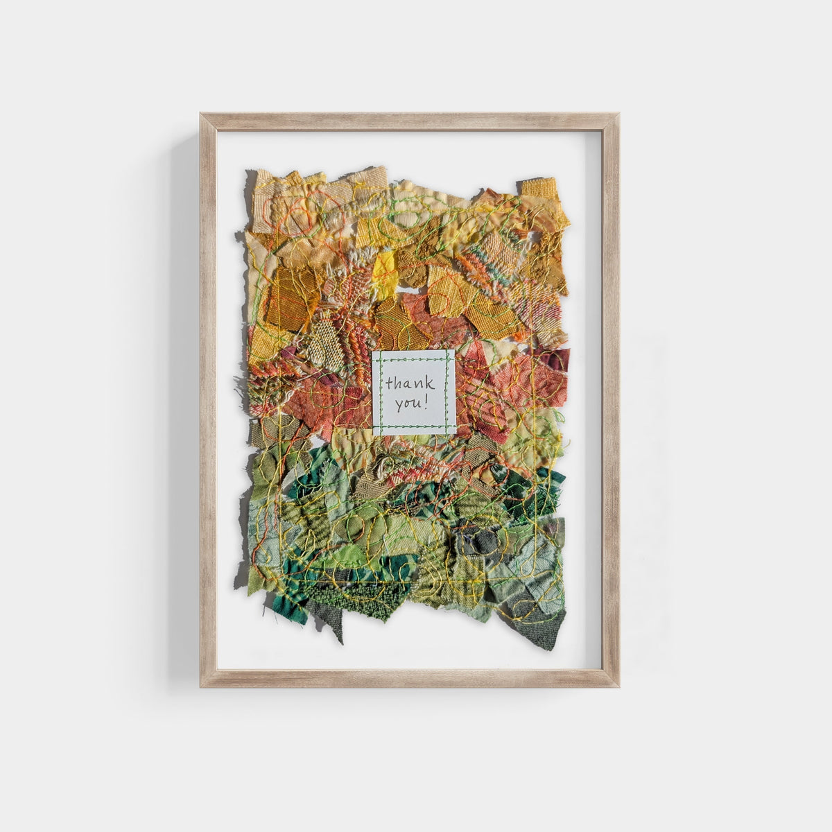 Fall Leaves Thank You Card: 5 in x 7 in, multicolored collage fabric on white, blank card, with matching envelope