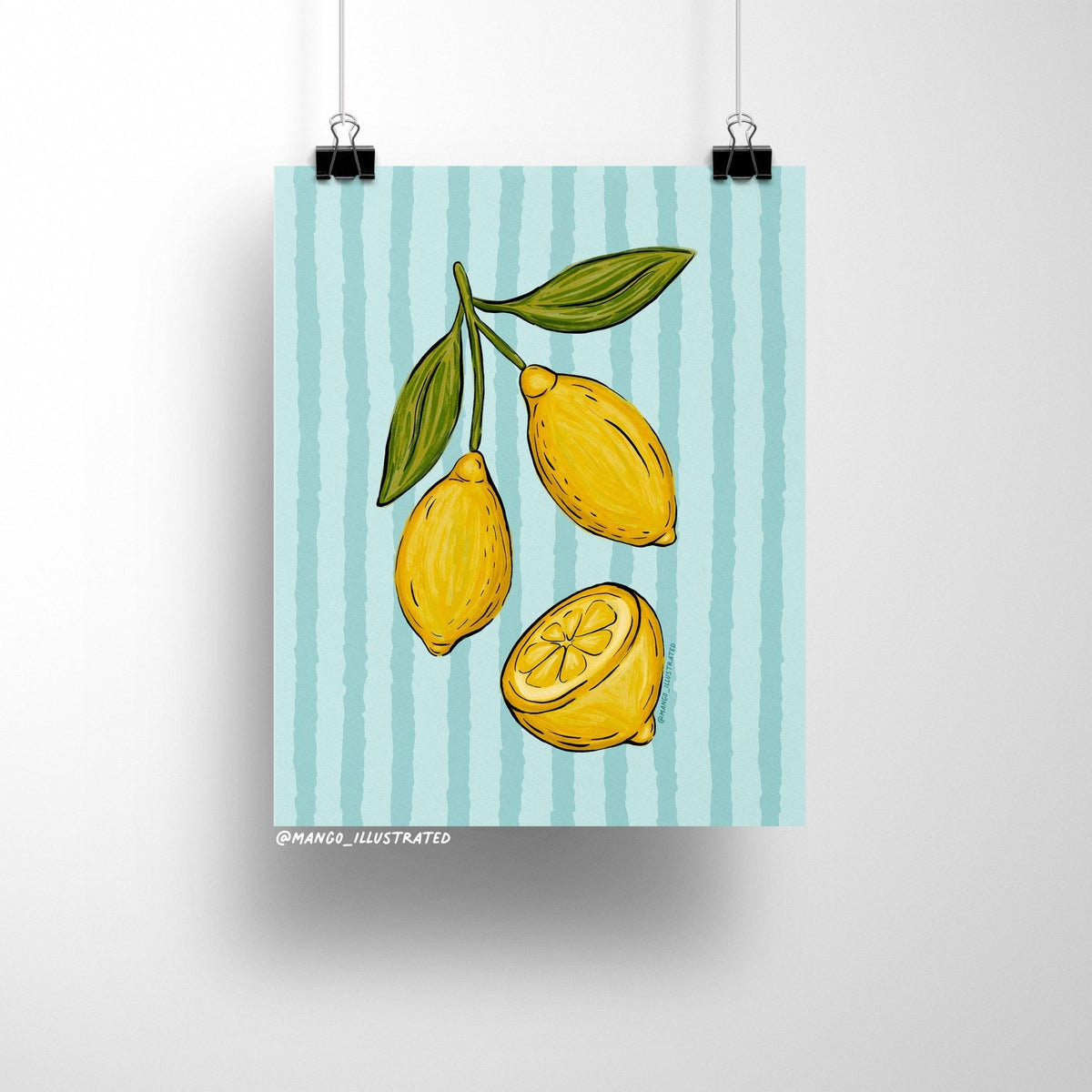 Lemons art print detail — close up of the citrus illustration and blue stripes, by indie artist MangoIllustrated