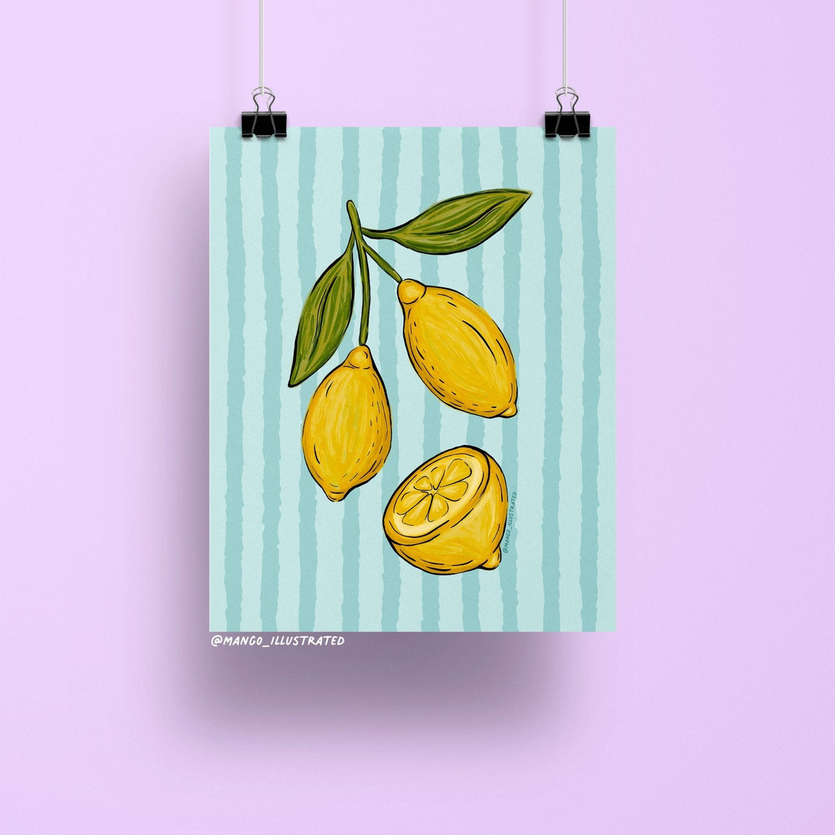 Lemons art print — hand drawn lemons and leafy sprigs on a sea-blue striped background, 8 x 10 in, by MangoIllustrated