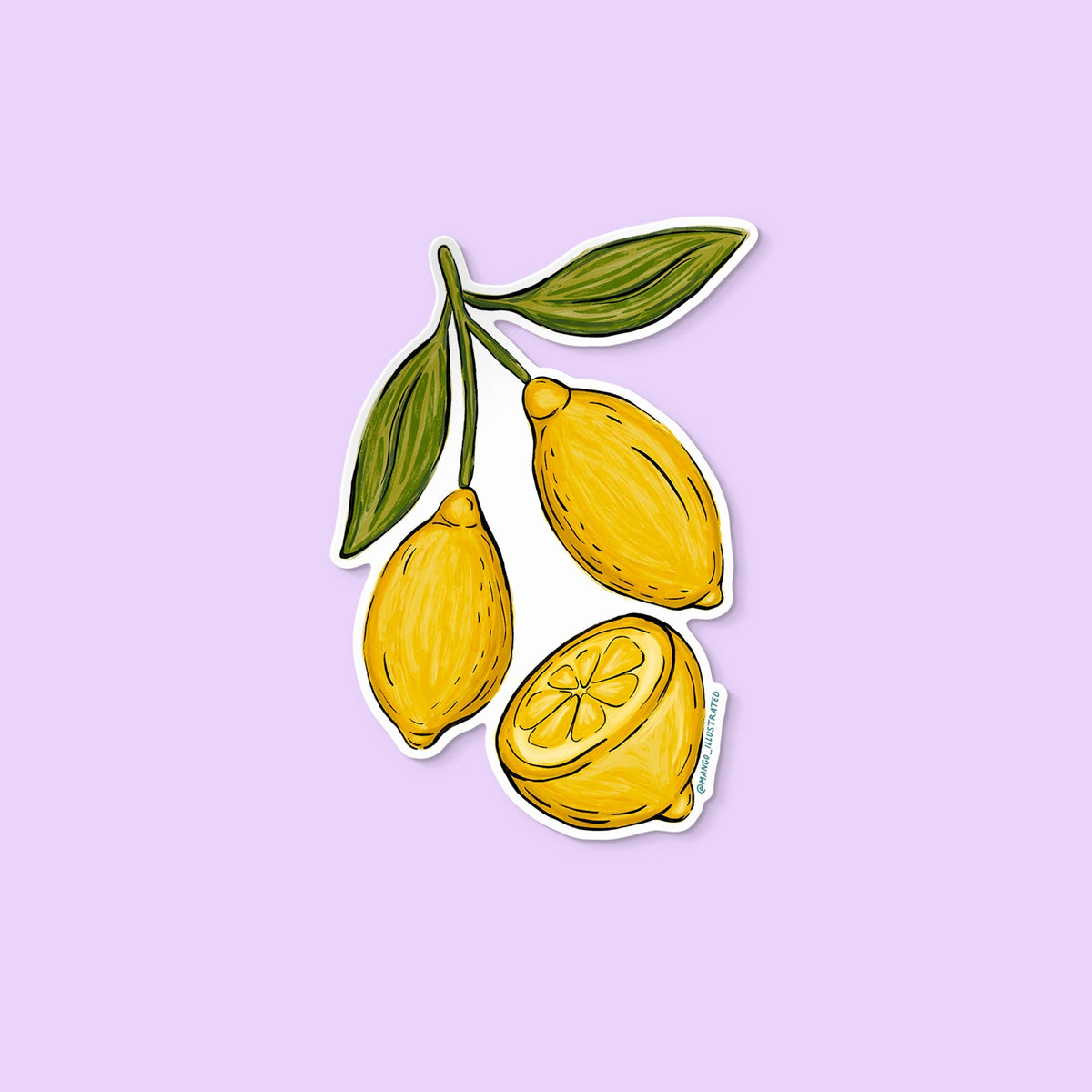 Lemons sticker — hand-drawn yellow lemons with green leaves and a lemon slice, approximately 3 in x 3 in, by MangoIllustrated