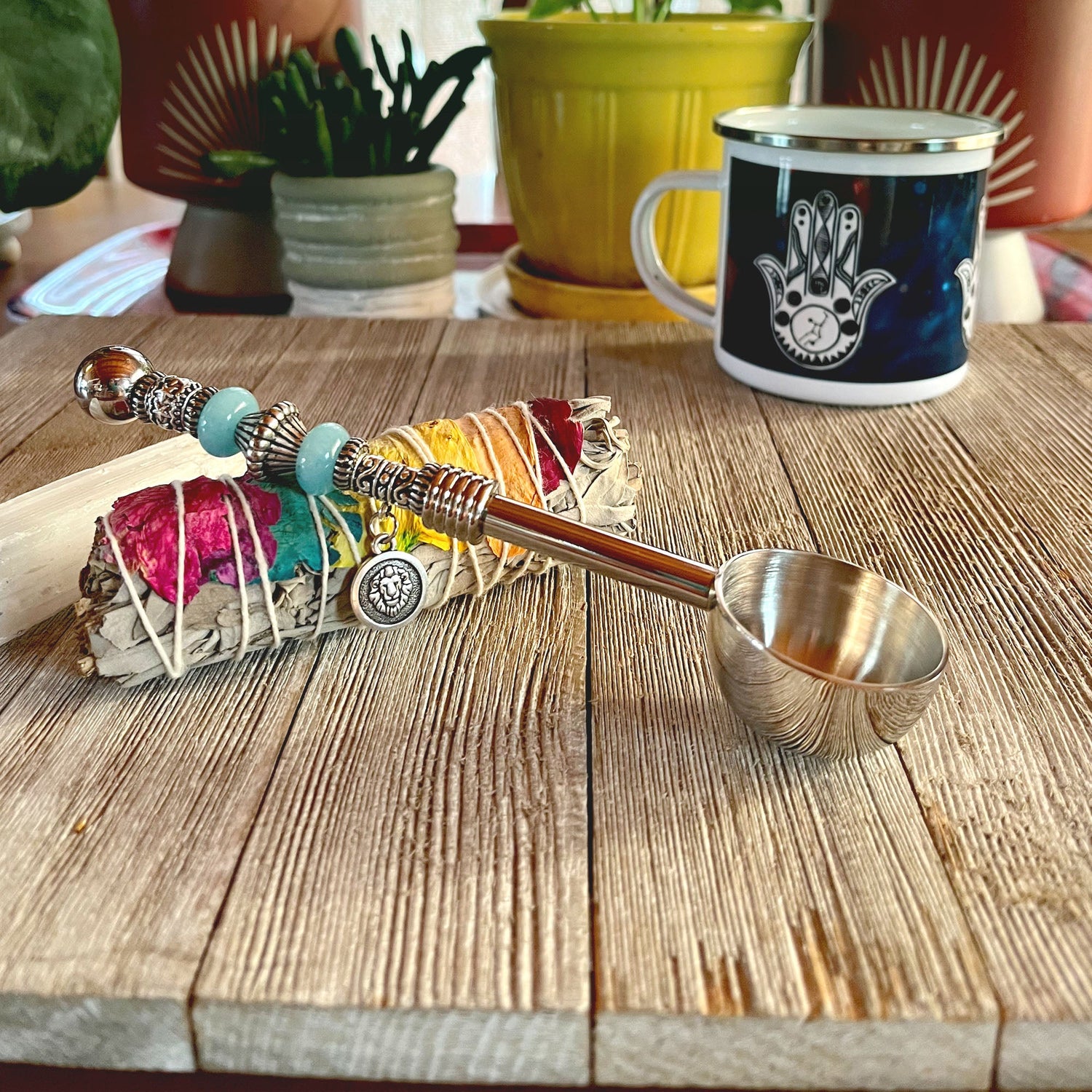 Unique Astro Bowl Spoon with zodiac charm and stone handle, perfect gift for tea lovers who appreciate astrology.