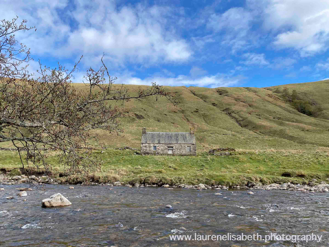 Stone Cottage on the River Tilt, Scotland Landscape Mini Metal Print