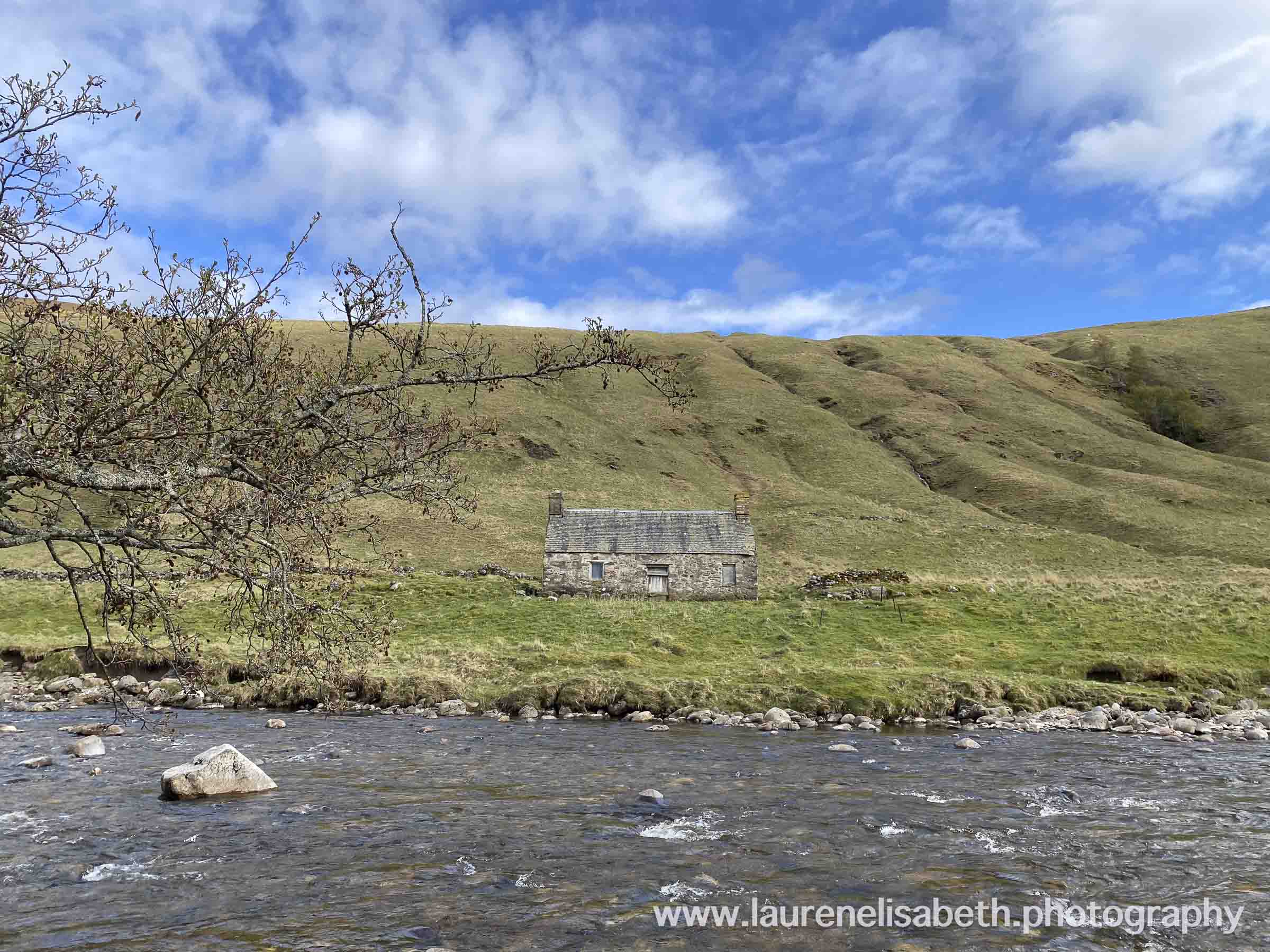 Stone Cottage on the River Tilt, Scotland Landscape Mini Metal Print