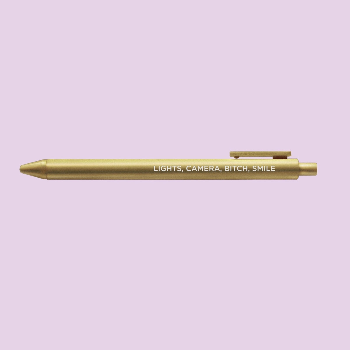 Lights Camera Bitch Smile jotter gel pen — gold barrel with white lettering and black gel ink, 0.5mm, by MangoIllustrated