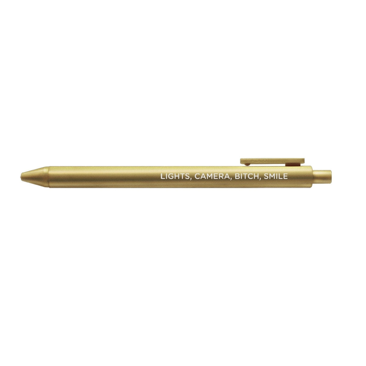 Lights Camera Bitch Smile pen flat lay — gold barrel funny desk pen by indie artist MangoIllustrated