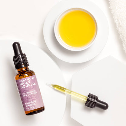 Lightweight Daily Nourish Face Oil Serum Indoor Texture Lifestyle 1oz Bottle