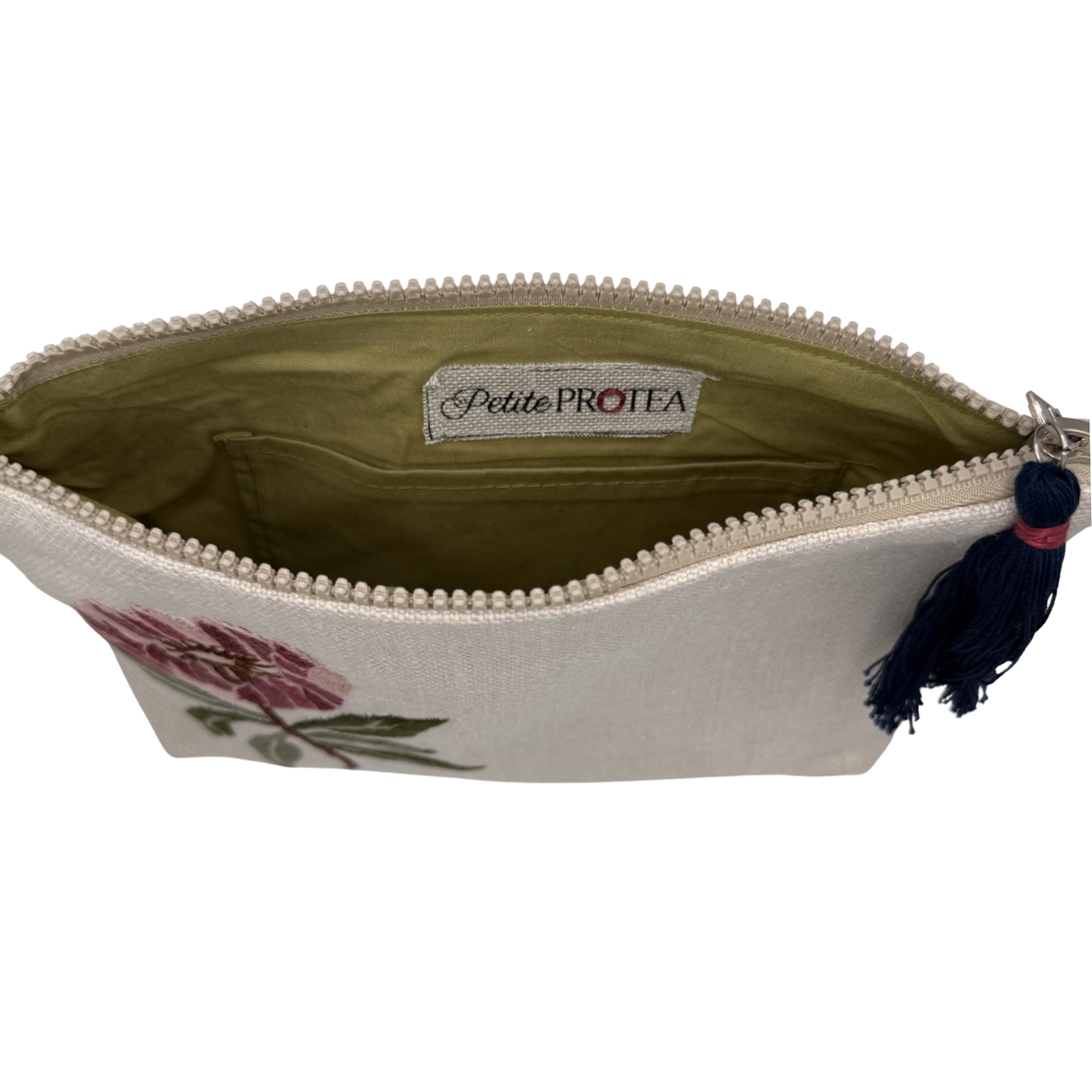 Handmade protea pouch with green cotton lining and patch pocket, zipper closure and handtied tassel, ethically made in Lebanon by refugee women, top and interior photo