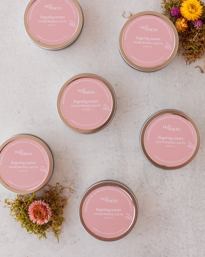 Fig &amp; Grove Lingering Sunset Everywhere Salve in a metal tin, natural moisturizing skin balm.
