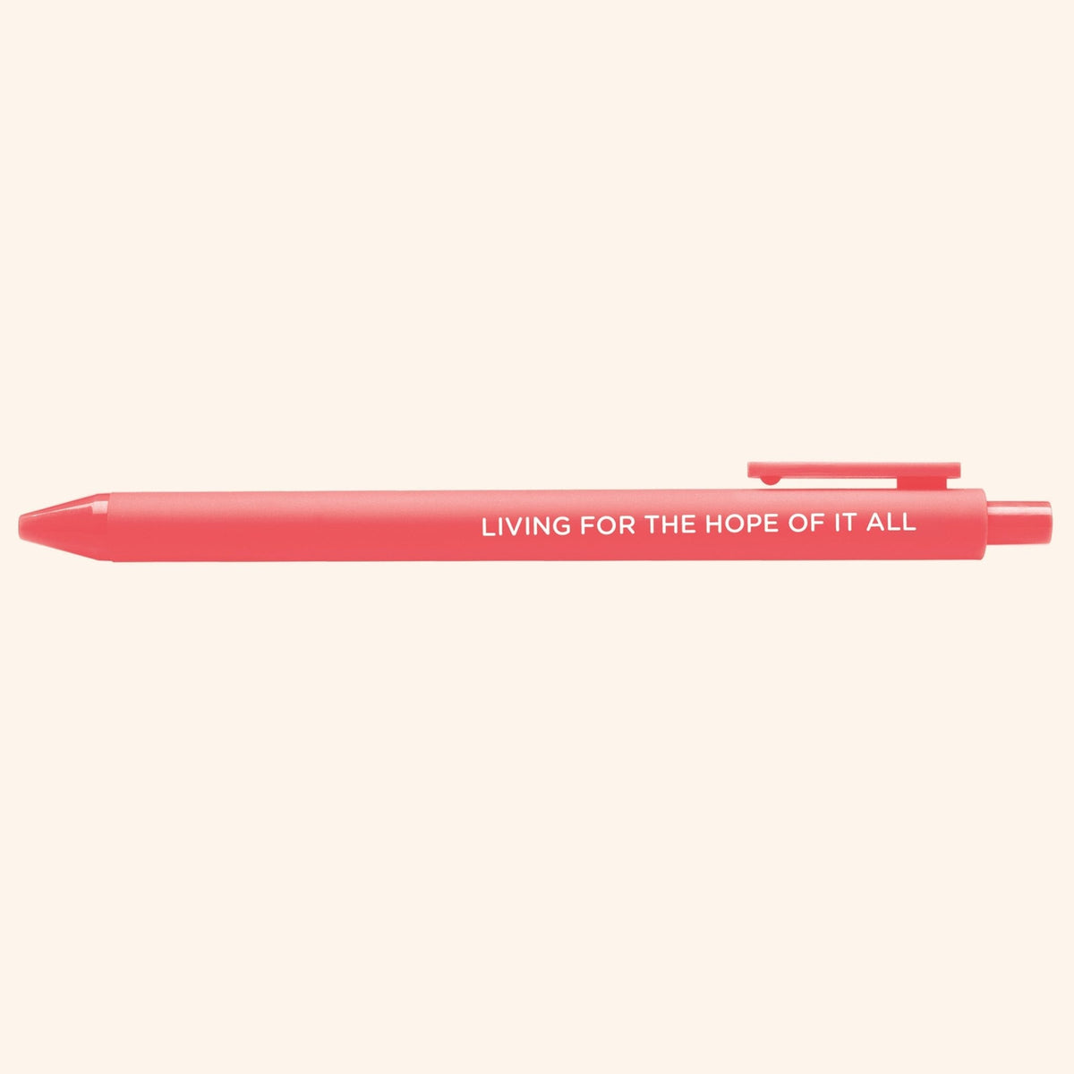 Living For the Hope of it All jotter gel pen styled shot — neon coral jotter pen as a desk gift and stocking stuffer by MangoIllustrated